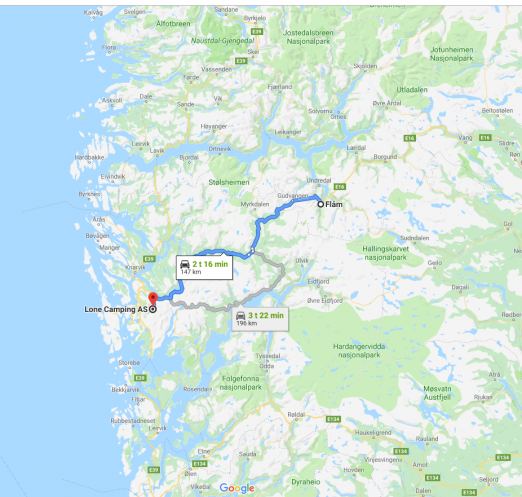 På bobilferie i Norge for første gang. Kart fra Flåm til Lone Camping i Bergen