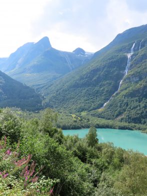 Det er idyll som preger Lovatnet inn mot Kjenndalsbreen idag - her ser du litt av det kjente grønne vannet IMG_3128 (2)