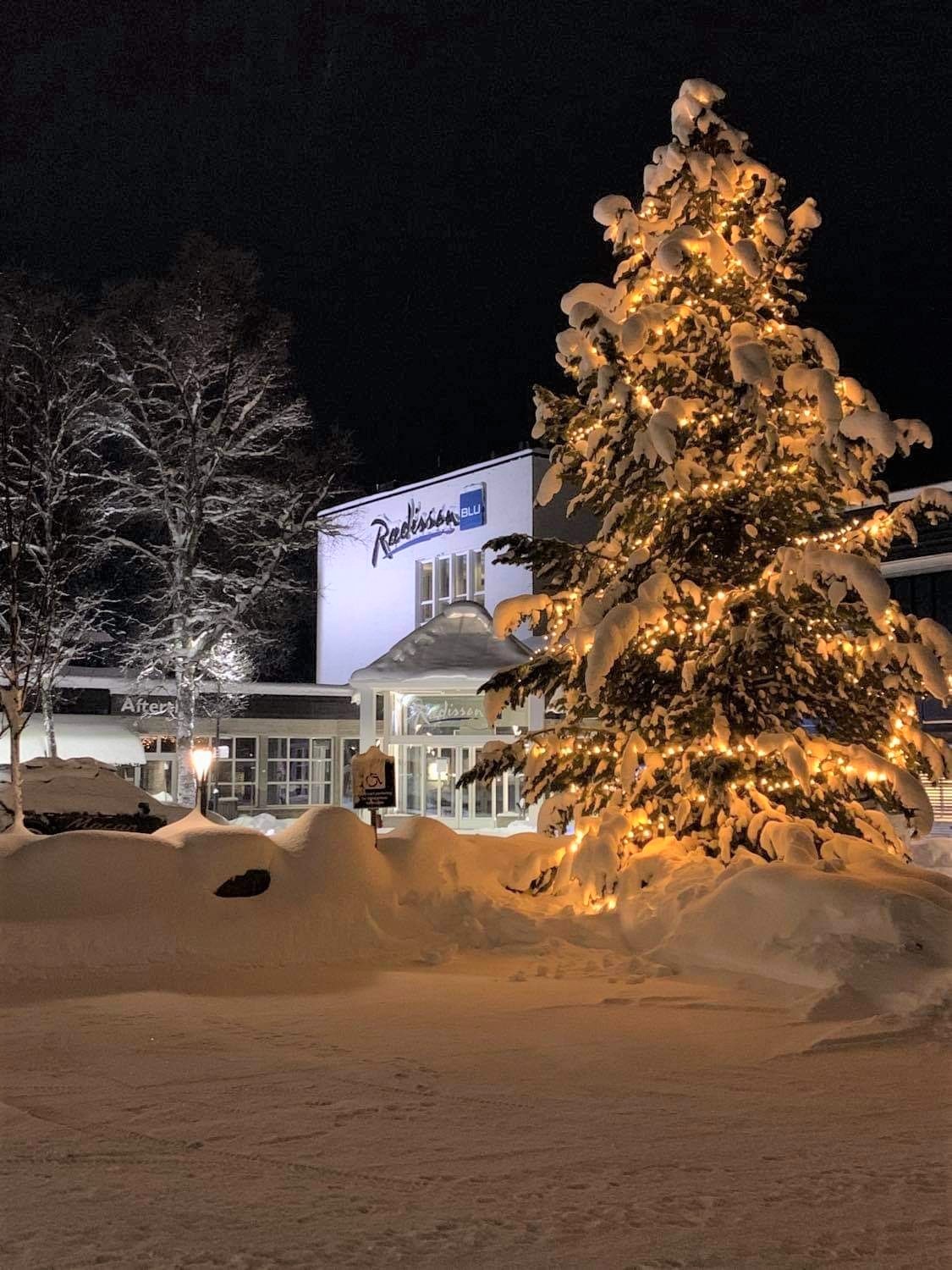 Snøtunge trær ønsker velkommen til hotellet på Beitostølen