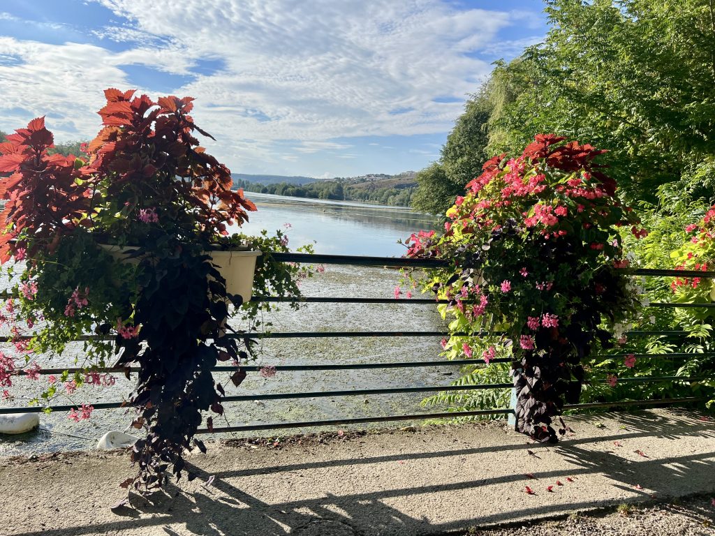 Blomster og demning på campingplass i Dijon under bobilferie fra Norge