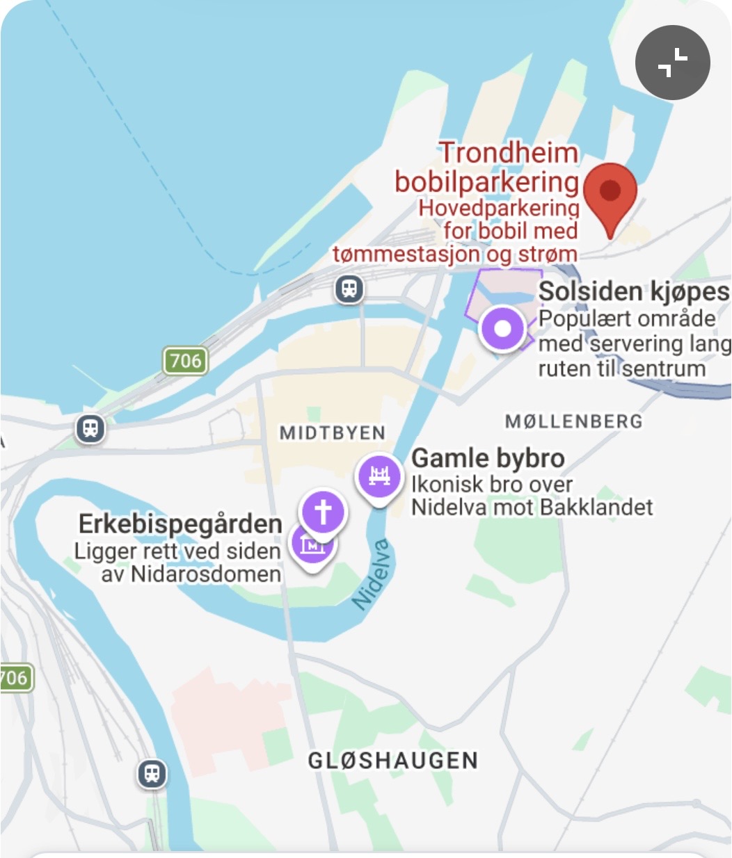 Kart over rusleturen fra bobilpakeringen til Nidarosdomen