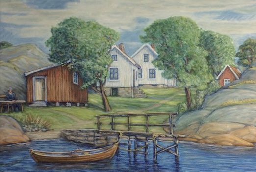 Kråkerøy sett fra sjøen – historier og minner gjennom 6 tiår Bildet viser Pynten og er malt av Erling Andreassen i 1983